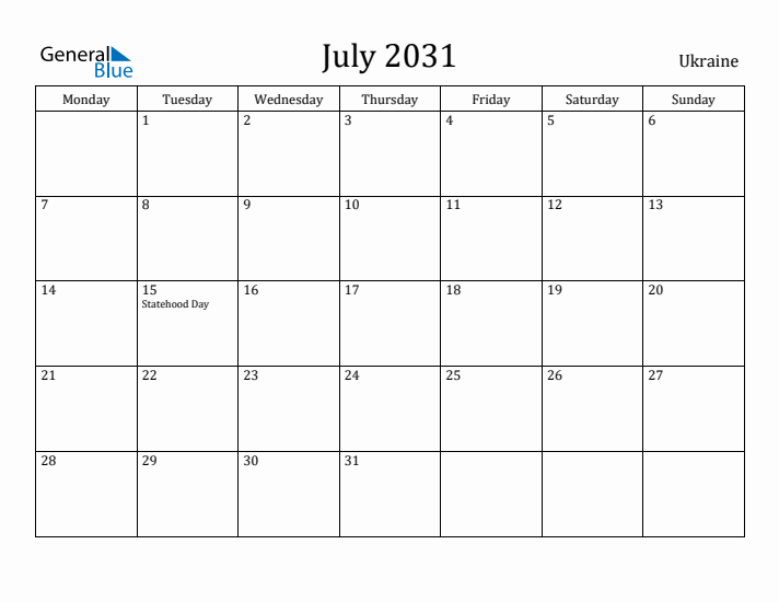 July 2031 Calendar Ukraine