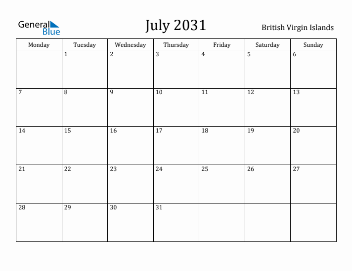 July 2031 Calendar British Virgin Islands
