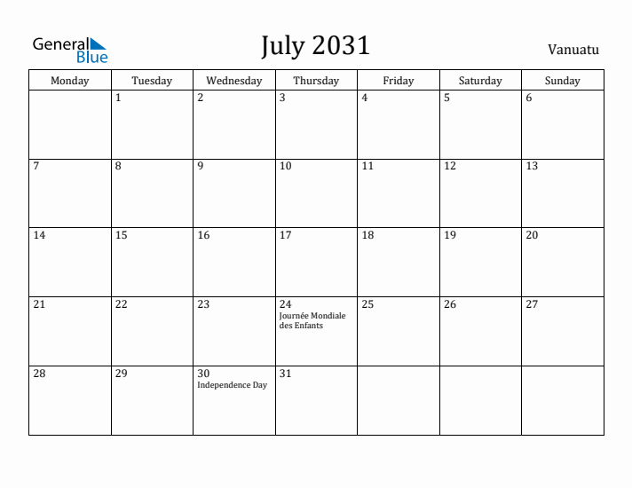 July 2031 Calendar Vanuatu