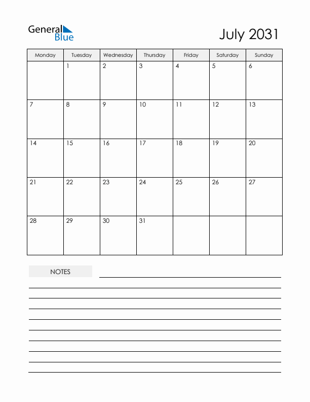 Printable Calendar with Notes - July 2031 