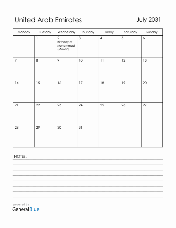 July 2031 United Arab Emirates Calendar with Holidays (Monday Start)