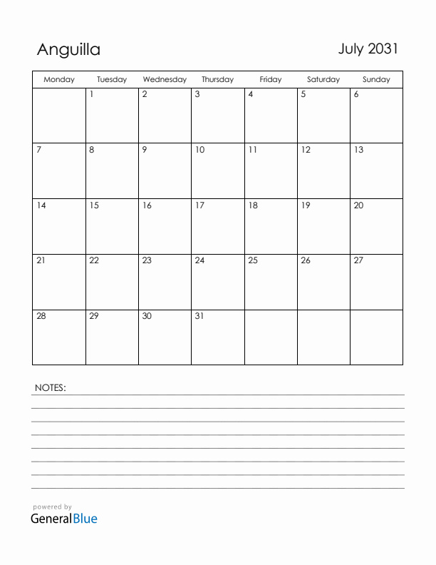 July 2031 Anguilla Calendar with Holidays (Monday Start)