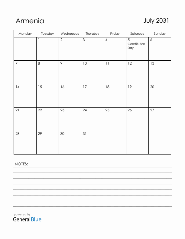 July 2031 Armenia Calendar with Holidays (Monday Start)