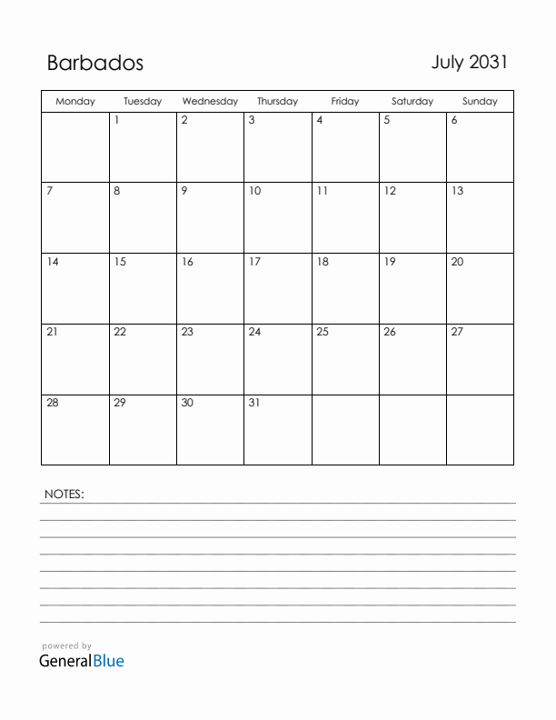 July 2031 Barbados Calendar with Holidays (Monday Start)