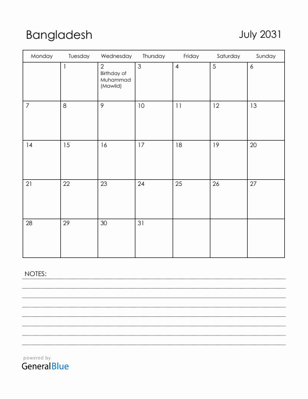 July 2031 Bangladesh Calendar with Holidays (Monday Start)