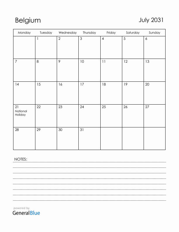 July 2031 Belgium Calendar with Holidays (Monday Start)