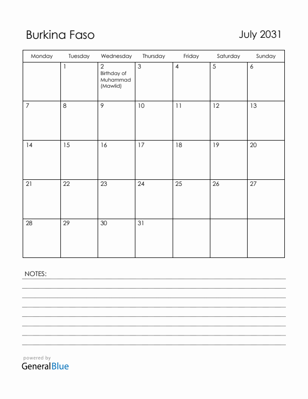 July 2031 Burkina Faso Calendar with Holidays (Monday Start)