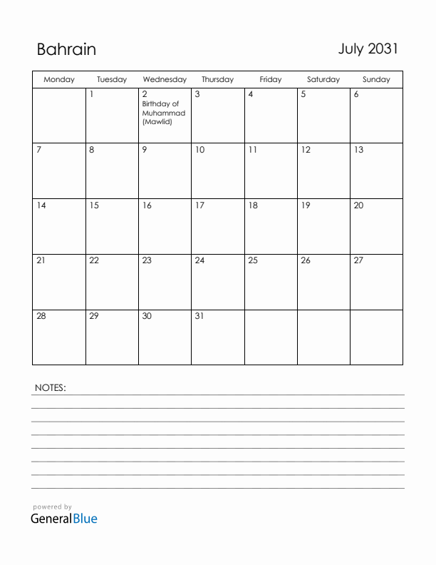 July 2031 Bahrain Calendar with Holidays (Monday Start)