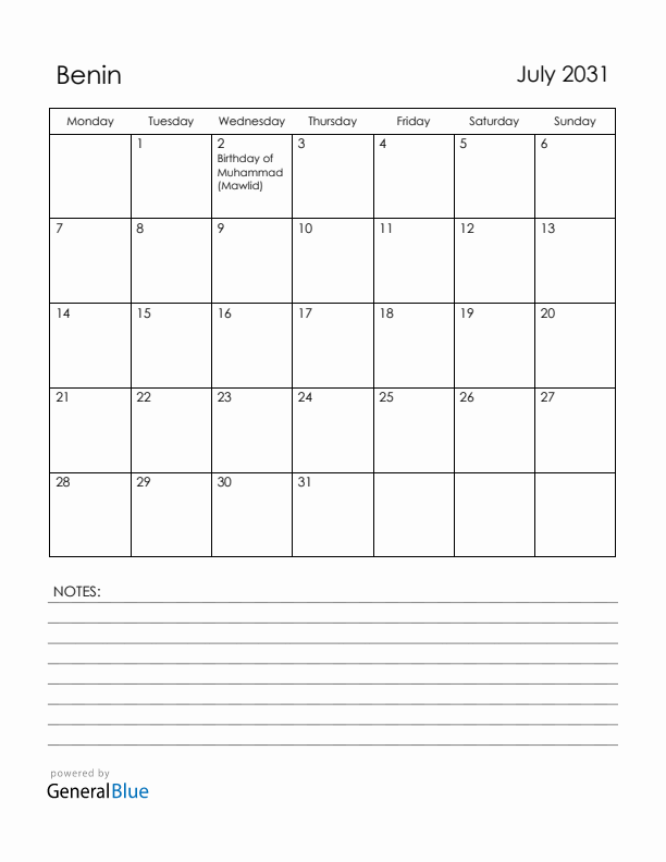 July 2031 Benin Calendar with Holidays (Monday Start)