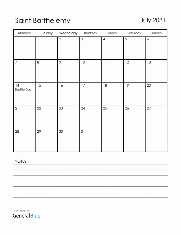 July 2031 Saint Barthelemy Calendar with Holidays (Monday Start)
