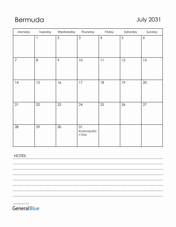 July 2031 Bermuda Calendar with Holidays (Monday Start)