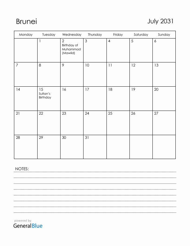 July 2031 Brunei Calendar with Holidays (Monday Start)