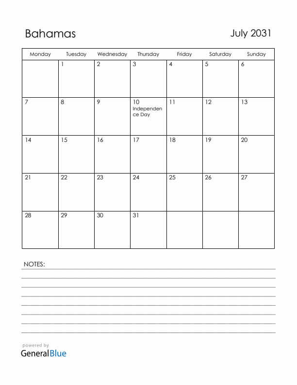 July 2031 Bahamas Calendar with Holidays (Monday Start)
