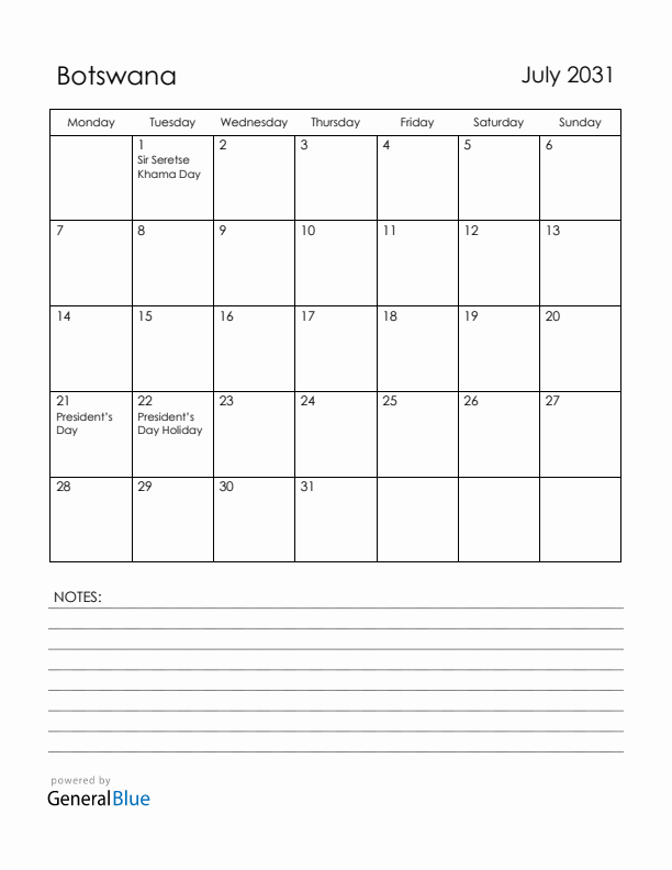 July 2031 Botswana Calendar with Holidays (Monday Start)