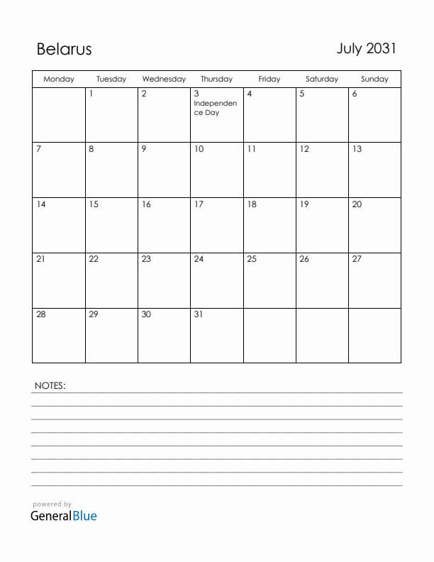 July 2031 Belarus Calendar with Holidays (Monday Start)