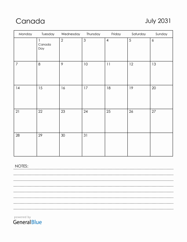 July 2031 Canada Calendar with Holidays (Monday Start)