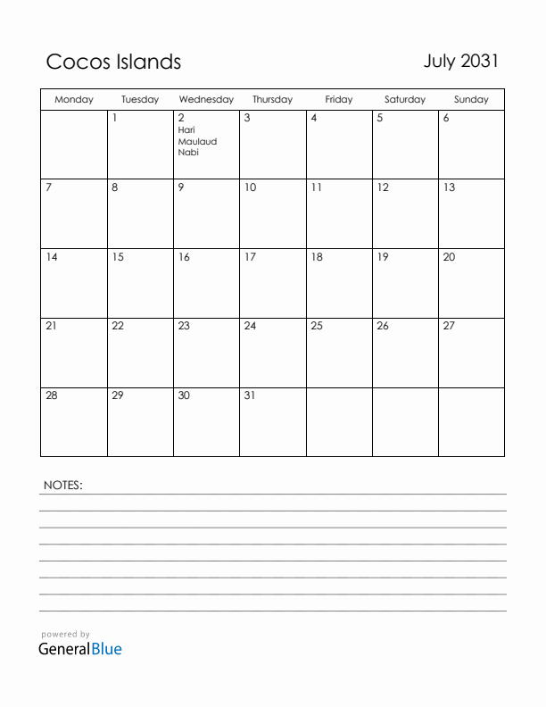 July 2031 Cocos Islands Calendar with Holidays (Monday Start)