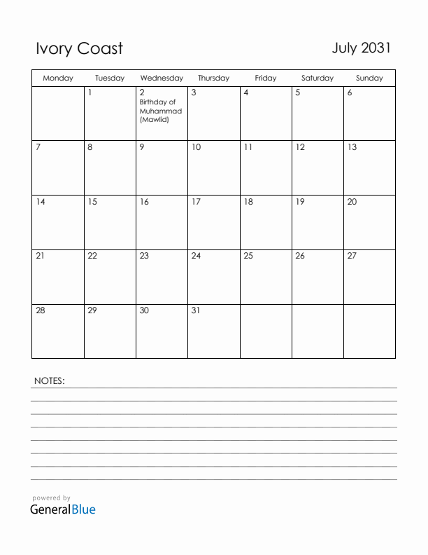 July 2031 Ivory Coast Calendar with Holidays (Monday Start)