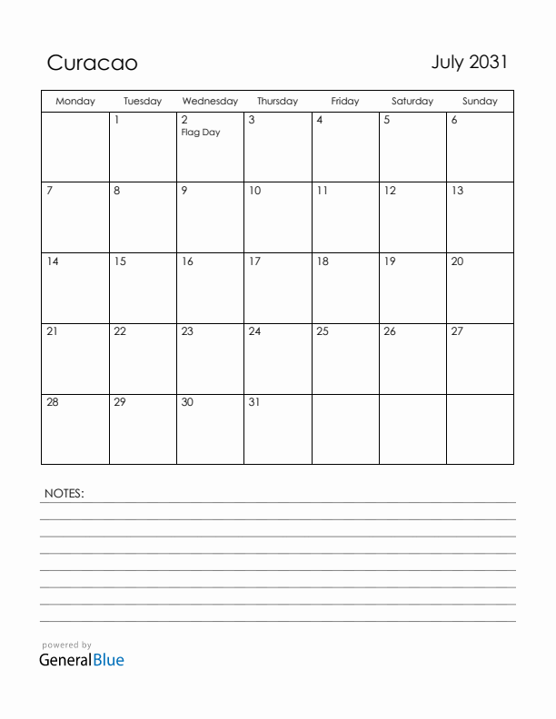July 2031 Curacao Calendar with Holidays (Monday Start)