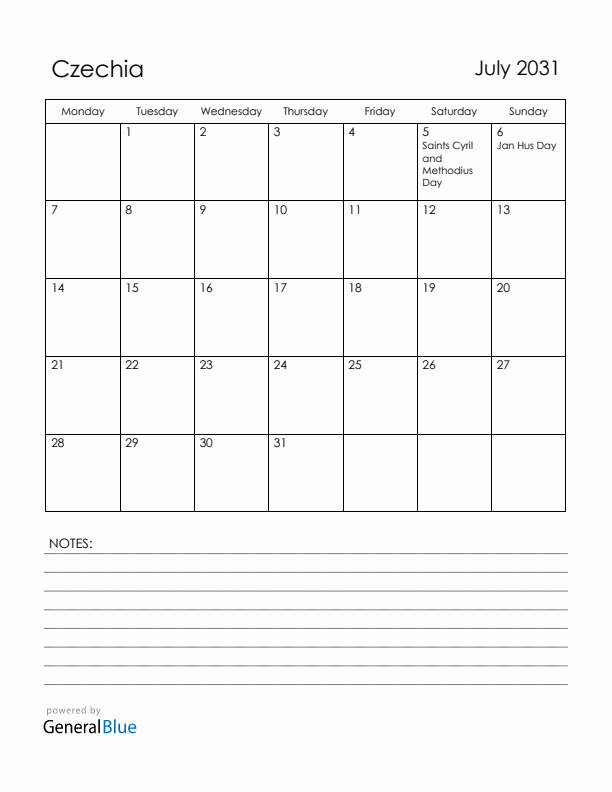 July 2031 Czechia Calendar with Holidays (Monday Start)