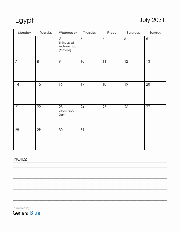 July 2031 Egypt Calendar with Holidays (Monday Start)