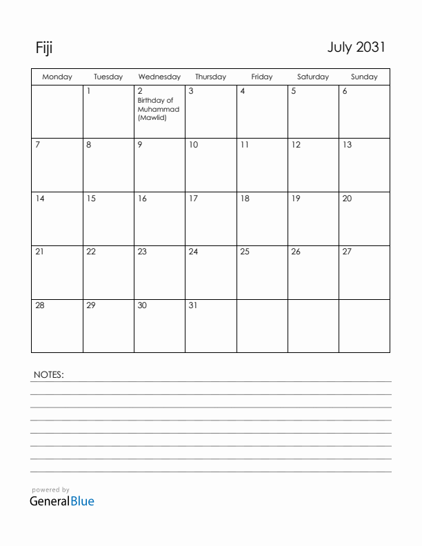 July 2031 Fiji Calendar with Holidays (Monday Start)