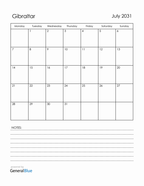 July 2031 Gibraltar Calendar with Holidays (Monday Start)