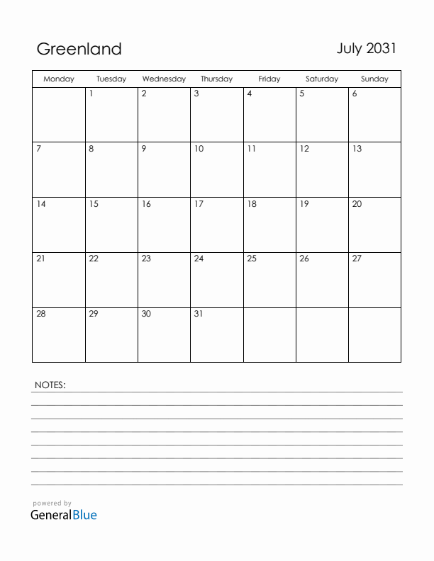 July 2031 Greenland Calendar with Holidays (Monday Start)