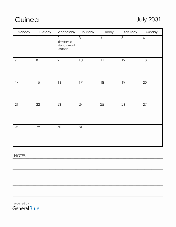 July 2031 Guinea Calendar with Holidays (Monday Start)