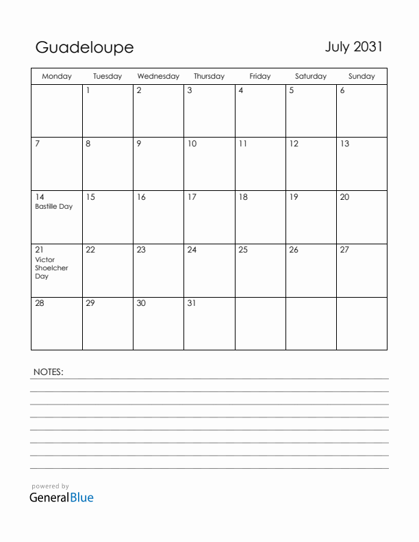July 2031 Guadeloupe Calendar with Holidays (Monday Start)
