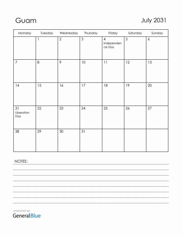 July 2031 Guam Calendar with Holidays (Monday Start)