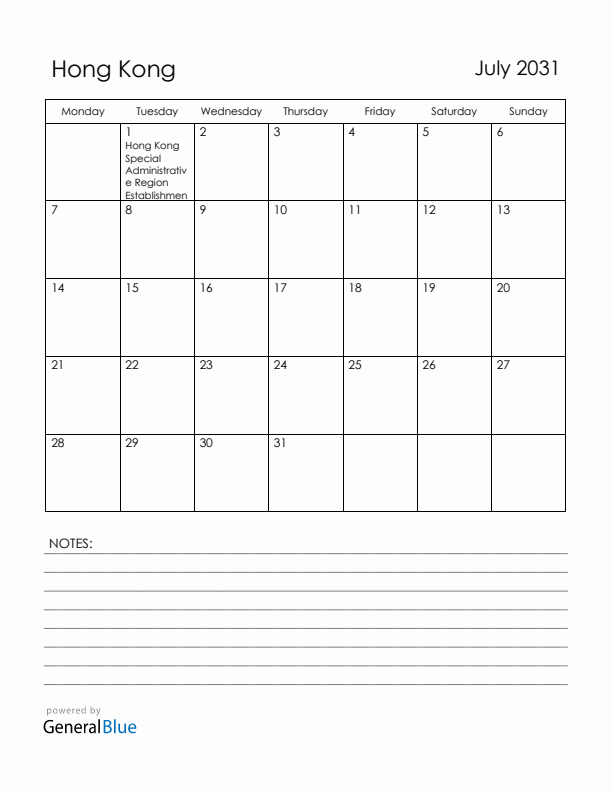 July 2031 Hong Kong Calendar with Holidays (Monday Start)