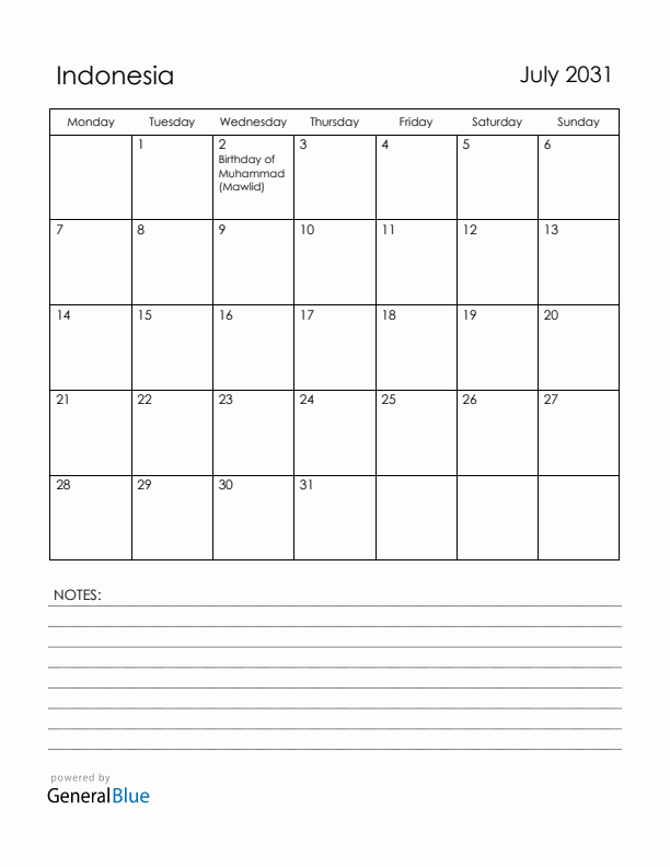 July 2031 Indonesia Calendar with Holidays (Monday Start)