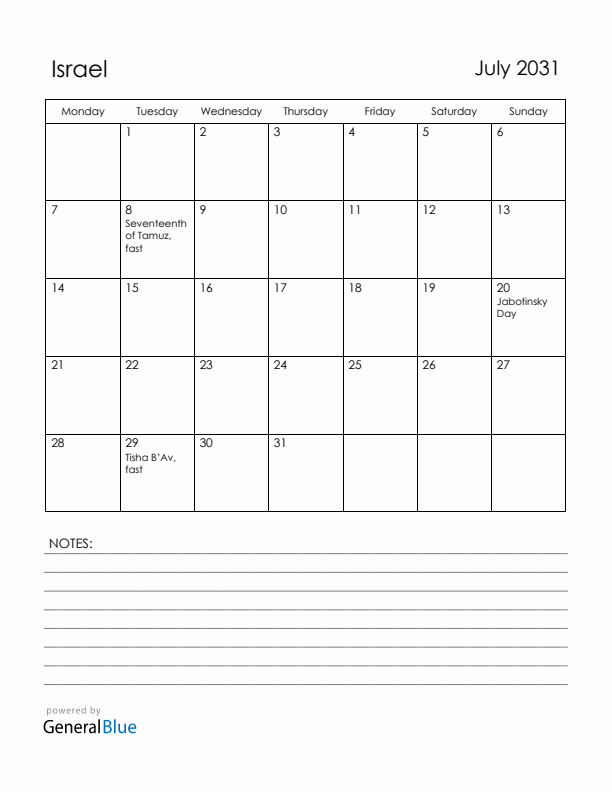 July 2031 Israel Calendar with Holidays (Monday Start)