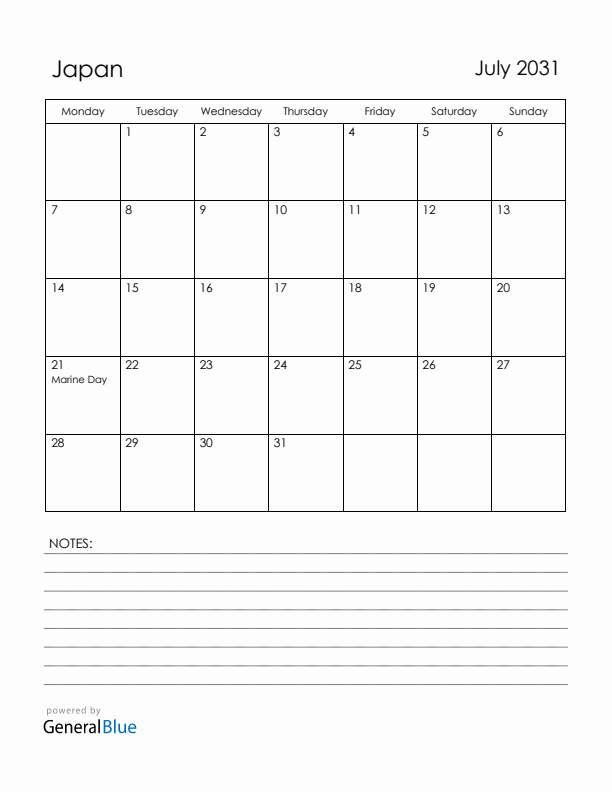 July 2031 Japan Calendar with Holidays (Monday Start)
