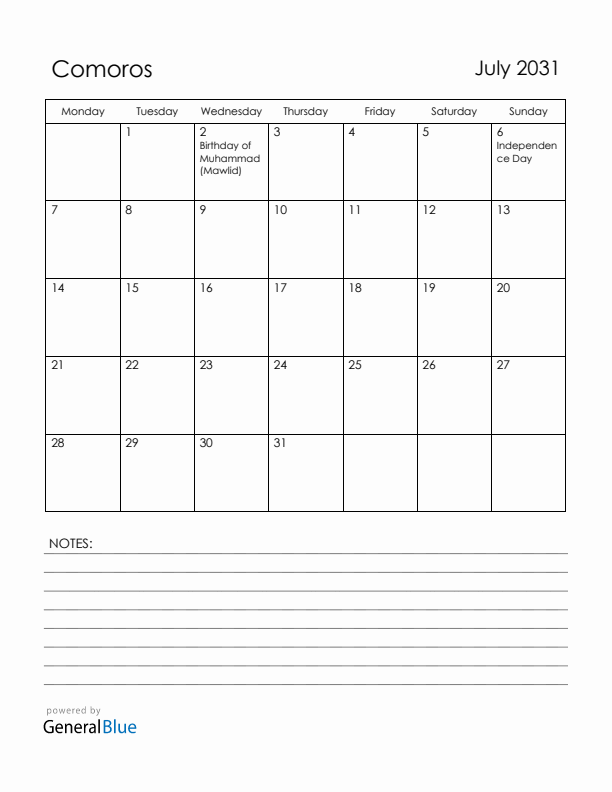 July 2031 Comoros Calendar with Holidays (Monday Start)