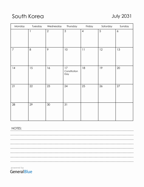July 2031 South Korea Calendar with Holidays (Monday Start)