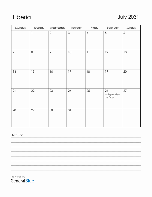 July 2031 Liberia Calendar with Holidays (Monday Start)