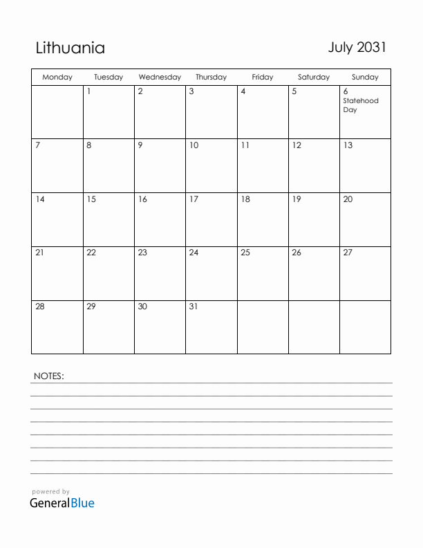 July 2031 Lithuania Calendar with Holidays (Monday Start)