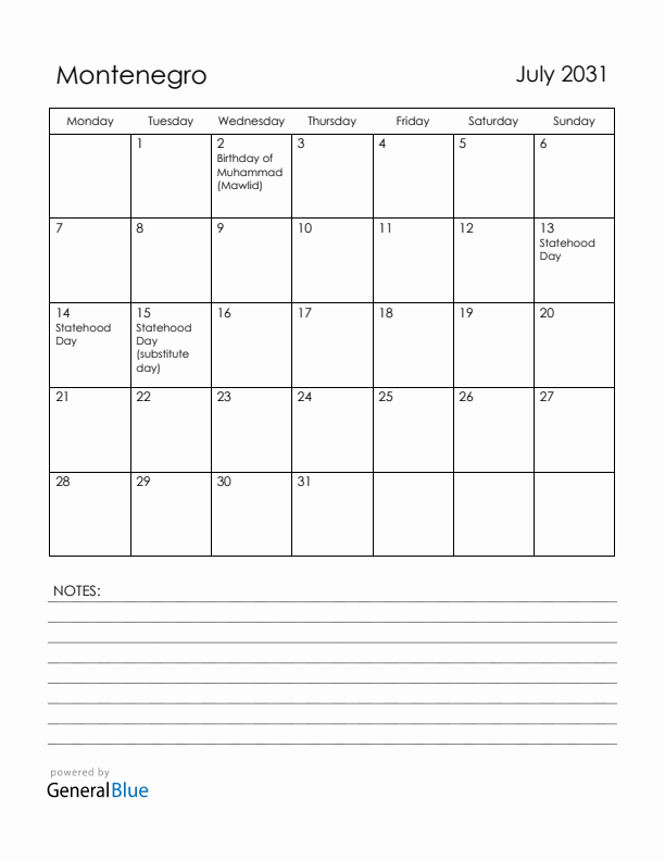 July 2031 Montenegro Calendar with Holidays (Monday Start)