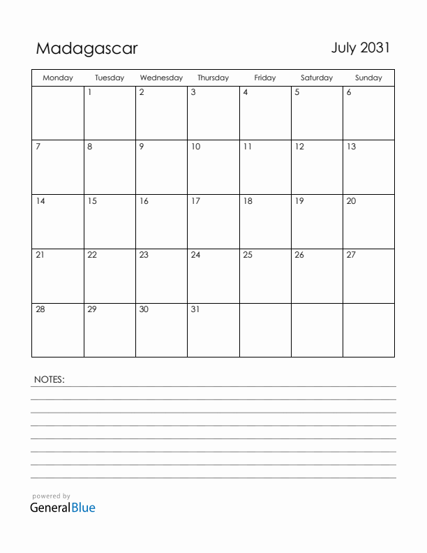 July 2031 Madagascar Calendar with Holidays (Monday Start)