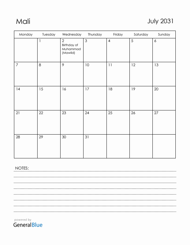 July 2031 Mali Calendar with Holidays (Monday Start)