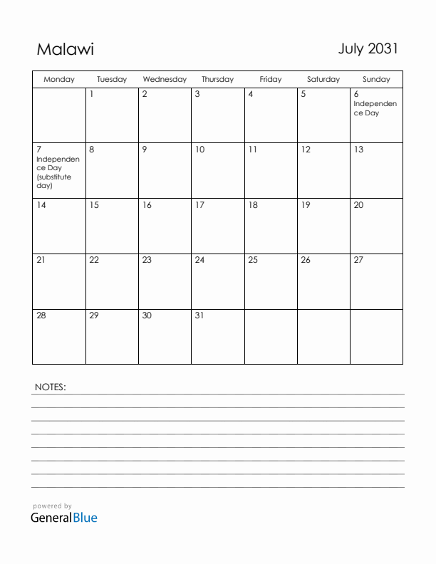 July 2031 Malawi Calendar with Holidays (Monday Start)