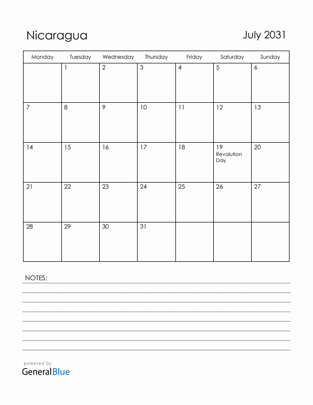 July 2031 Nicaragua Calendar with Holidays (Monday Start)