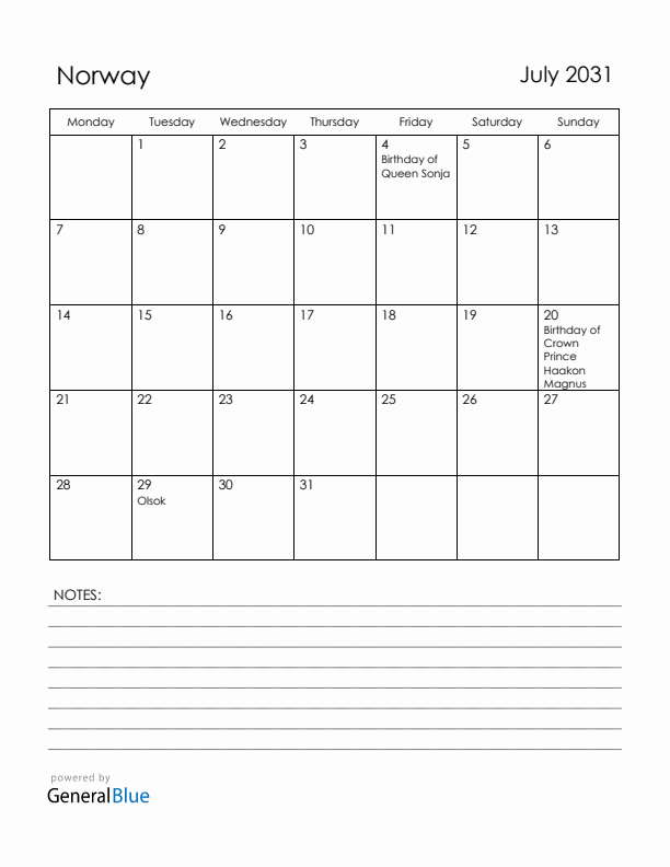 July 2031 Norway Calendar with Holidays (Monday Start)