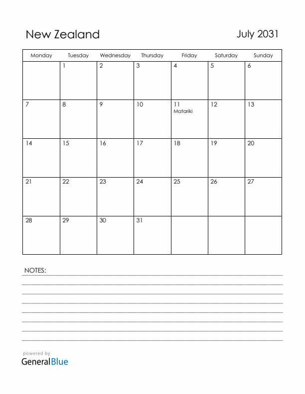 July 2031 New Zealand Calendar with Holidays (Monday Start)