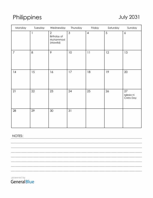 July 2031 Philippines Calendar with Holidays (Monday Start)