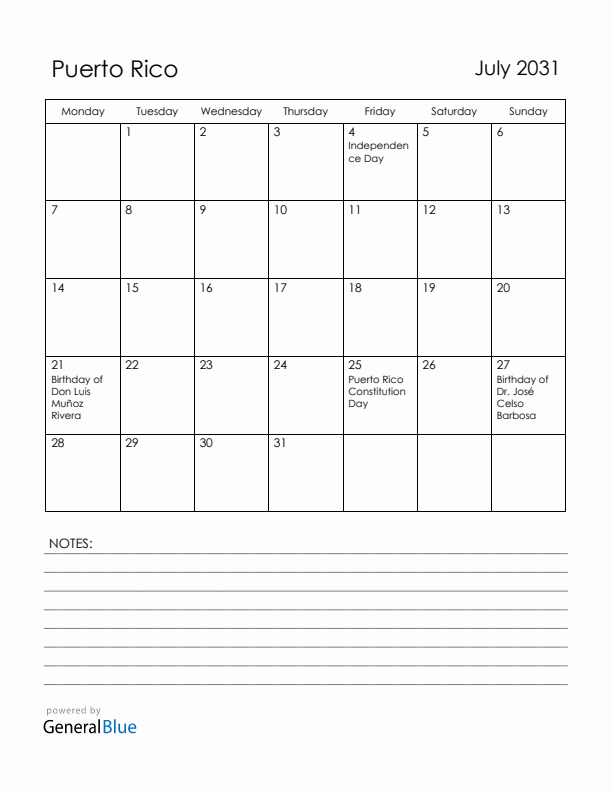 July 2031 Puerto Rico Calendar with Holidays (Monday Start)