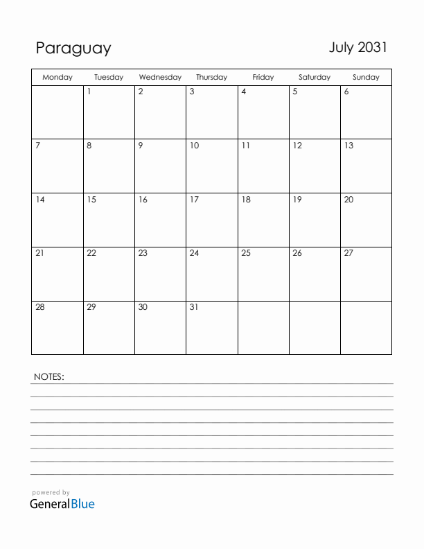 July 2031 Paraguay Calendar with Holidays (Monday Start)