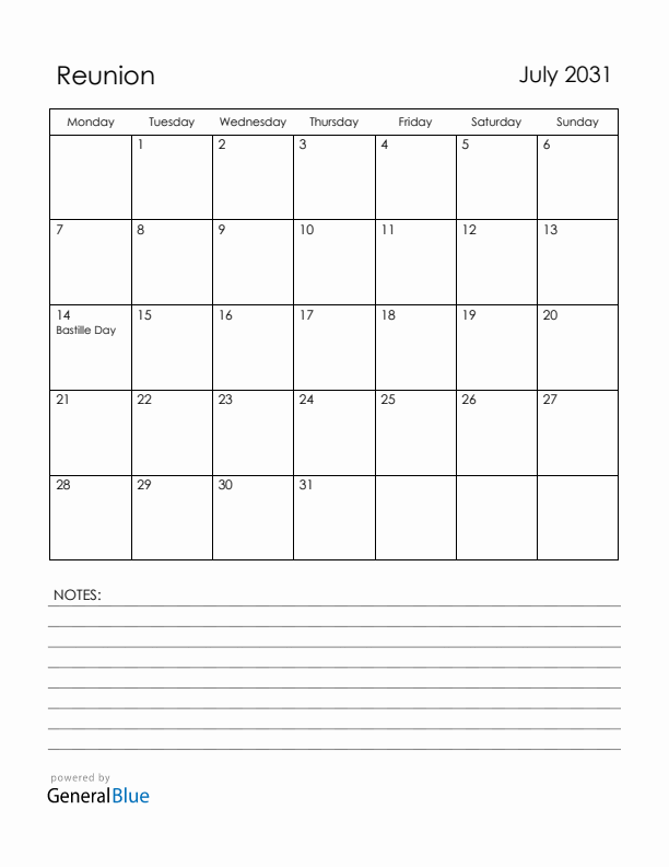 July 2031 Reunion Calendar with Holidays (Monday Start)